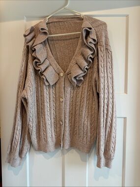 Ruffled Cable-Knit Button Cardigan - Taupe